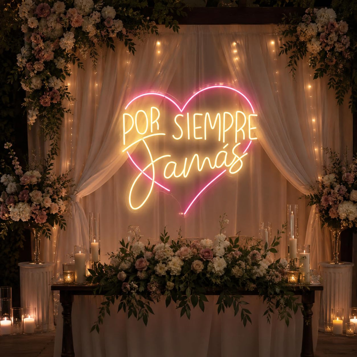 Letrero LED Neón 'Por Siempre Jamás', Luz en Rosa y Amarillo, 60 x 60 cm, Decoración de Pared para Bodas