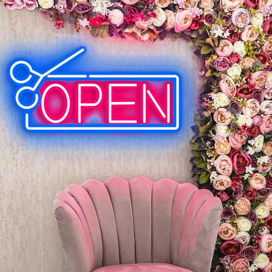 Letrero de neón abierto de barbería, letrero LED USB grabado en 3D