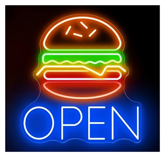 Menge Lámpara de señalización Letrero De Neón De Hamburguesa Abierta, Decoración De Pared Para Restaurante, Tienda De Comida Rápida 50X53cm