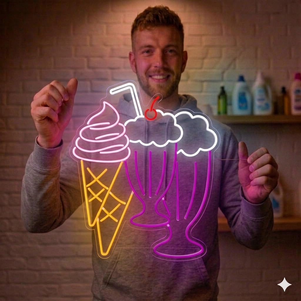 Letrero Neón batido y helado Luz neón LED, Rojo, Decoración de Pared con base metacrilato transparente, cadena, cable de 1.5 m y alimentación 12 v medidas 50x60cm