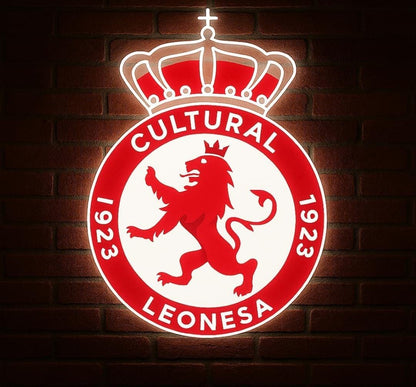 1 Cultural Leonesa escudo Pantalla metacrilato y vinilo con neón LED de Bar Deportivo, Logo Iluminado de la lga de futbol, Ambiente de Pub