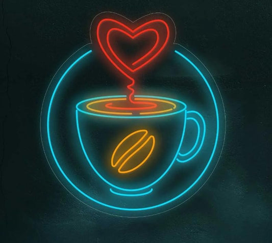 Letrero Luminoso LED de Neón, Taza de Café con Corazón, Decoración de Pared, Luz Azul y Roja