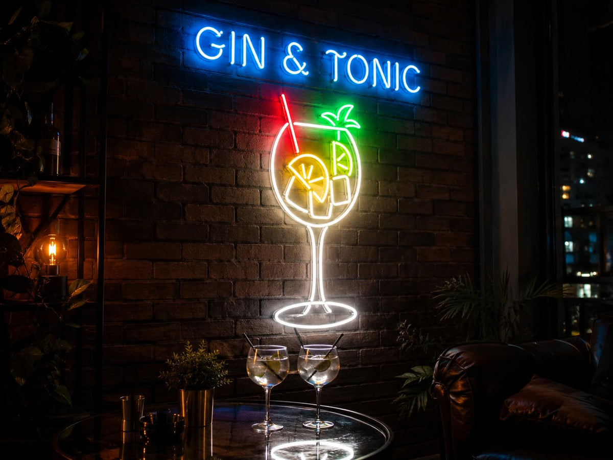 Letrero GIN & TONIC Cartel Luminoso LED Escaparate, Decoración de Pared en Metacrilato, Luz Brillante, aproximadamente 23X60 alimentación 12v
