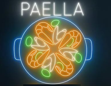 Letrero LED Decorativo de Neón, Diseño de Paella, Iluminación Azul y Naranja. MEDIDAS 60X60 CM ALIMENTADOR 12 V
