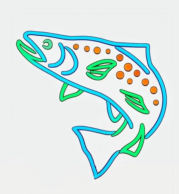 SOLOLED Diseño Decorativo neón led de Pez Trucha, Arte Lineal en Azul y Verde con Puntos Naranjas medidas 60x60 cm 12 v