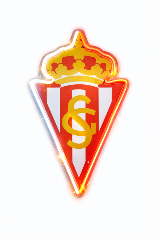 Escudo de futbol liga 2º division del Club Gijón Diseño con medidas metacrilato 40x35cm aproximadamente dependiendo el diseño del escudo con neon led,metacrilato y vinilo color.Alimentacion 12v,cable 2m y cadena para colgar en pared incluido.