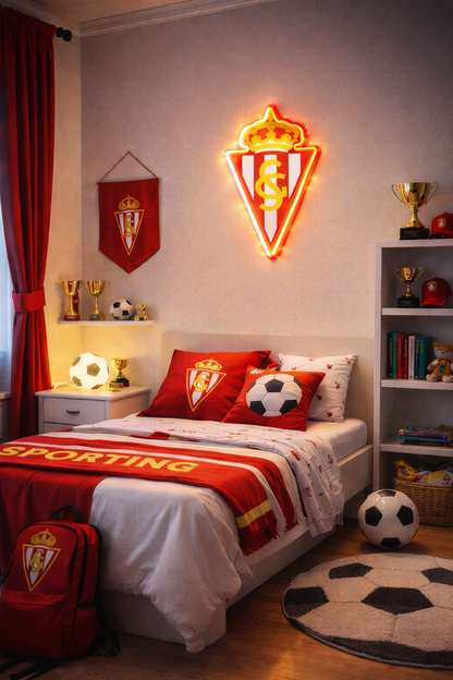 Escudo de futbol liga 2º division del Club Gijón Diseño con medidas metacrilato 40x35cm aproximadamente dependiendo el diseño del escudo con neon led,metacrilato y vinilo color.Alimentacion 12v,cable 2m y cadena para colgar en pared incluido.