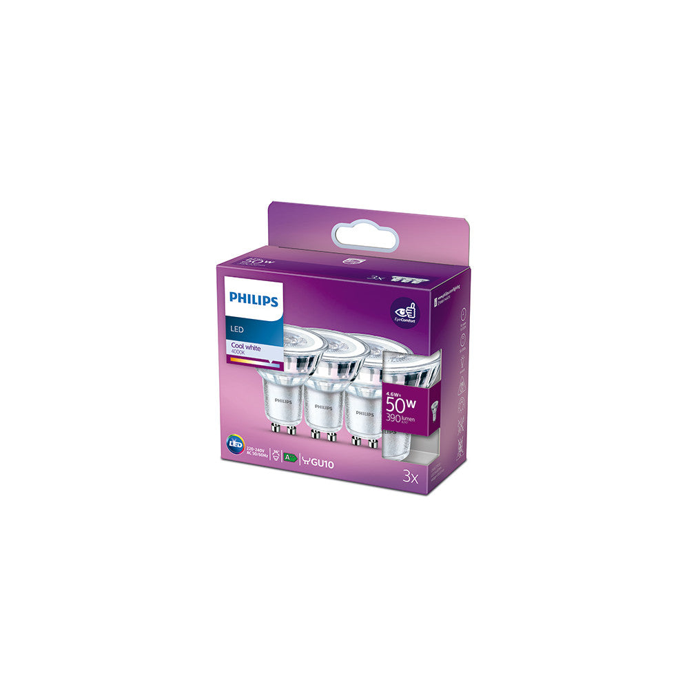 Pack 3 Bombilla LED Philips GU10 36D  4.6W 355Lm 4000K  [PH-8718699776312]