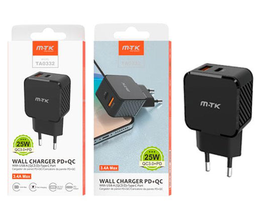 Cargador de red Usb + Type-C  / 25W / Negro / TA0332 / MTK