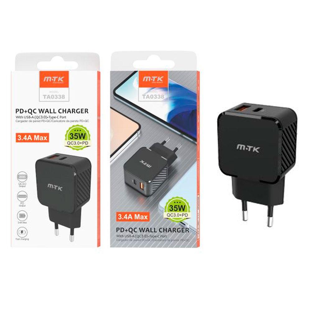 Cargador de red Usb QC3.0 + Type-C / 35W / Negro / TA0338 / MTK / 0053382