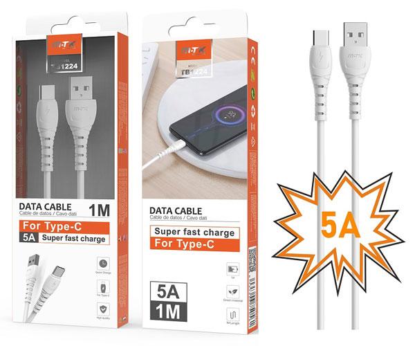 Cable datos USB 2.0 a Type-C / 1m / 5a / Carga rapida / Butter TB1224 / Blanco / Mtk