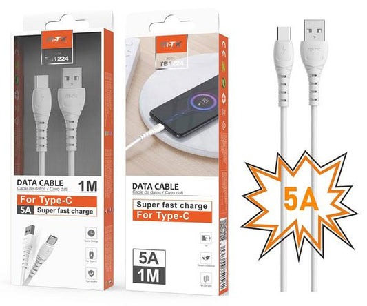 Cable datos USB 2.0 a Type-C / 1m / 5a / Carga rapida / Butter TB1224 / Blanco / Mtk