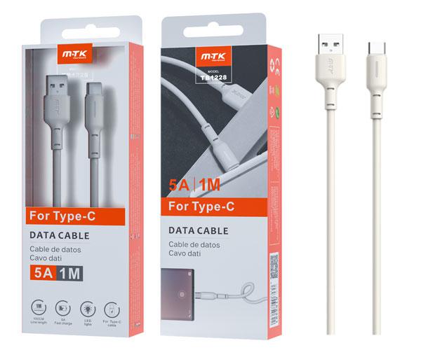 Cable datos USB 2.0 a Type-C / 1m / 5a / Carga rapida / Indicador de carga / TB1228 / Blanco  / Mtk