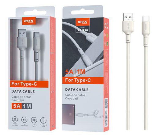Cable datos USB 2.0 a Type-C / 1m / 5a / Carga rapida / Indicador de carga / TB1228 / Blanco  / Mtk