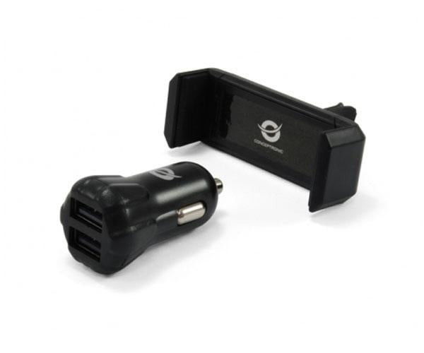Kit Cargador coche Conceptronic Cusbcar2akit 12-24v + Soporte Airvent / 2XUsb / 5v 2a