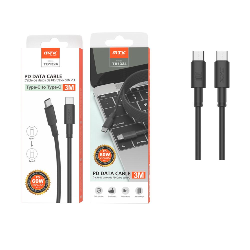 Cable datos Type-C M/M / 20v 3a / 60w / 3m / Negro / TB1324 MTK / 0153242