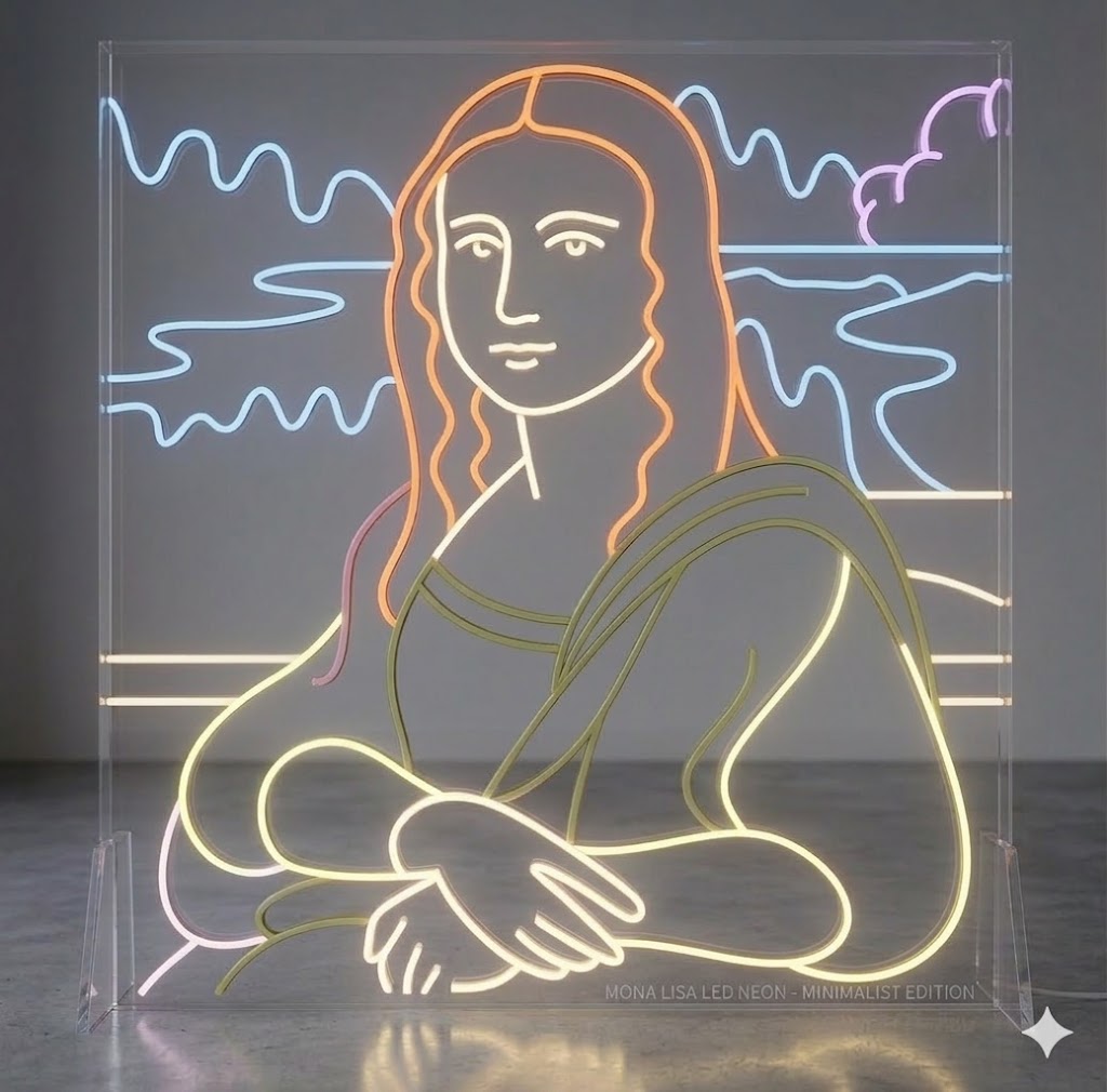 Obras de arte en neon metacrilato y neón led La Gioconda con medidas aproximadamente 60x60cm alimentación 12v