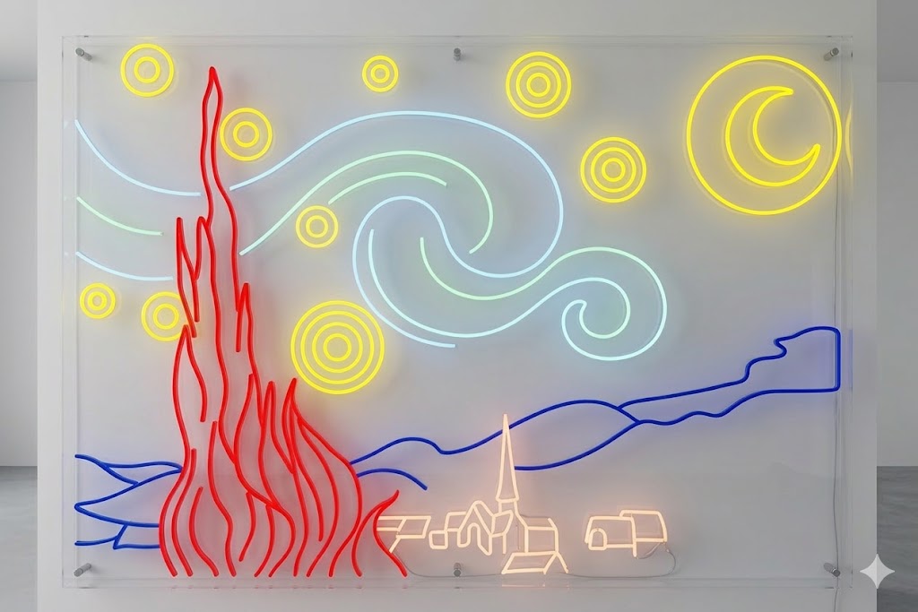 Obras de arte en neon metacrilato y neón led La noche estrellada con medidas aproximadamente 110x75cm alimentación 12v