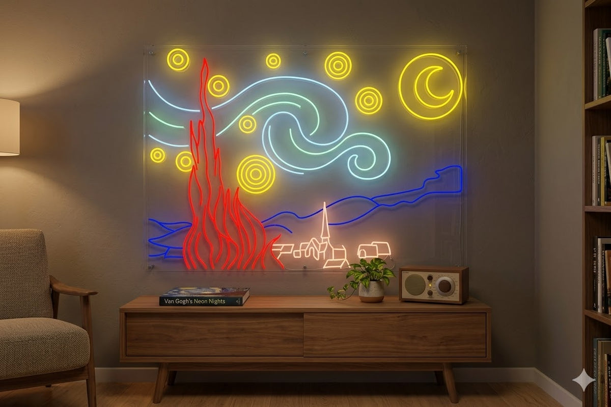 Obras de arte en neon metacrilato y neón led La noche estrellada con medidas aproximadamente 110x75cm alimentación 12v