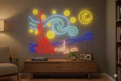 Obras de arte en neon metacrilato y neón led La noche estrellada con medidas aproximadamente 110x75cm alimentación 12v