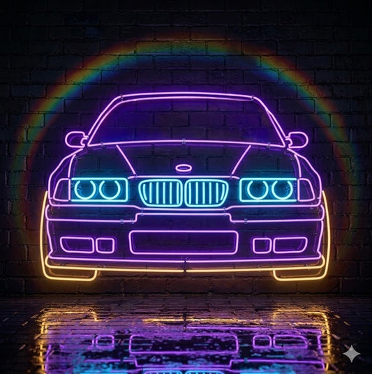 Letrero Luminoso de Neón LED - Silueta de Coche Deportivo Clásico / Estilo Alemán Años 90".